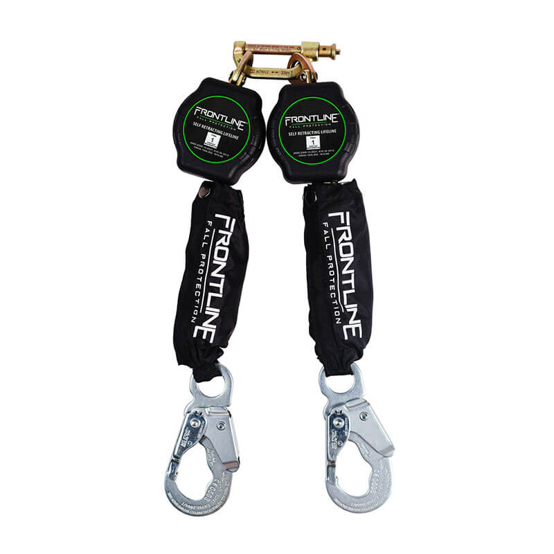 The Frontline Aramid Fiber Web Twin Leg 6' SRL by Frontline Fall Protection features lightweight aramid webbing, black cover sleeves, two silver snap hooks on reinforced webbing, and a gold anchorage point at the top.
