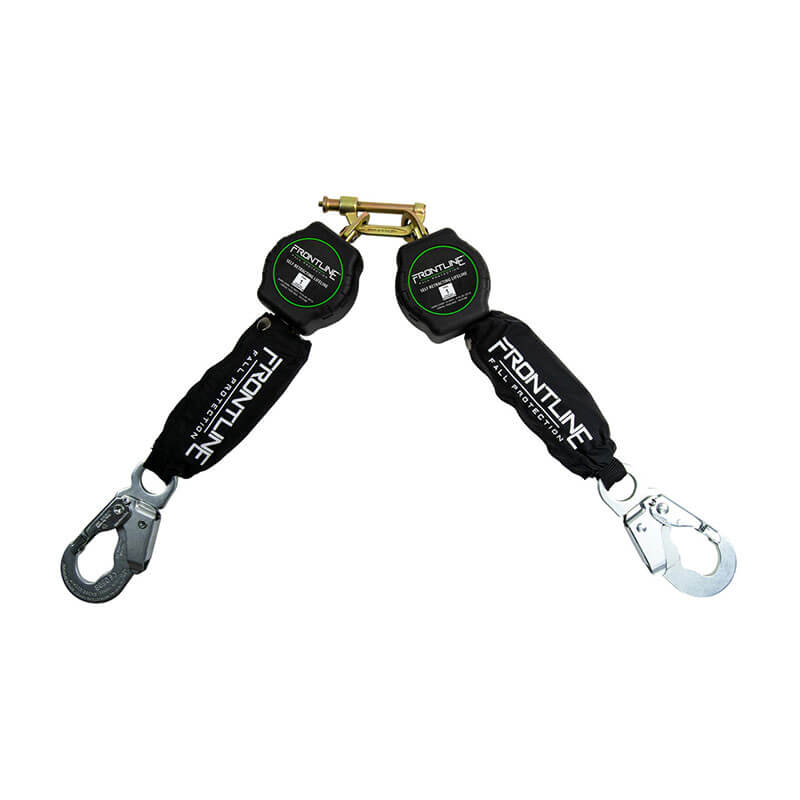 Two Frontline Fall Protection Aramid Fiber Web Twin Leg 6' SRLs feature black covers, metal hooks, a gold attachment point, and "Frontline" printed in white on the lanyards.
