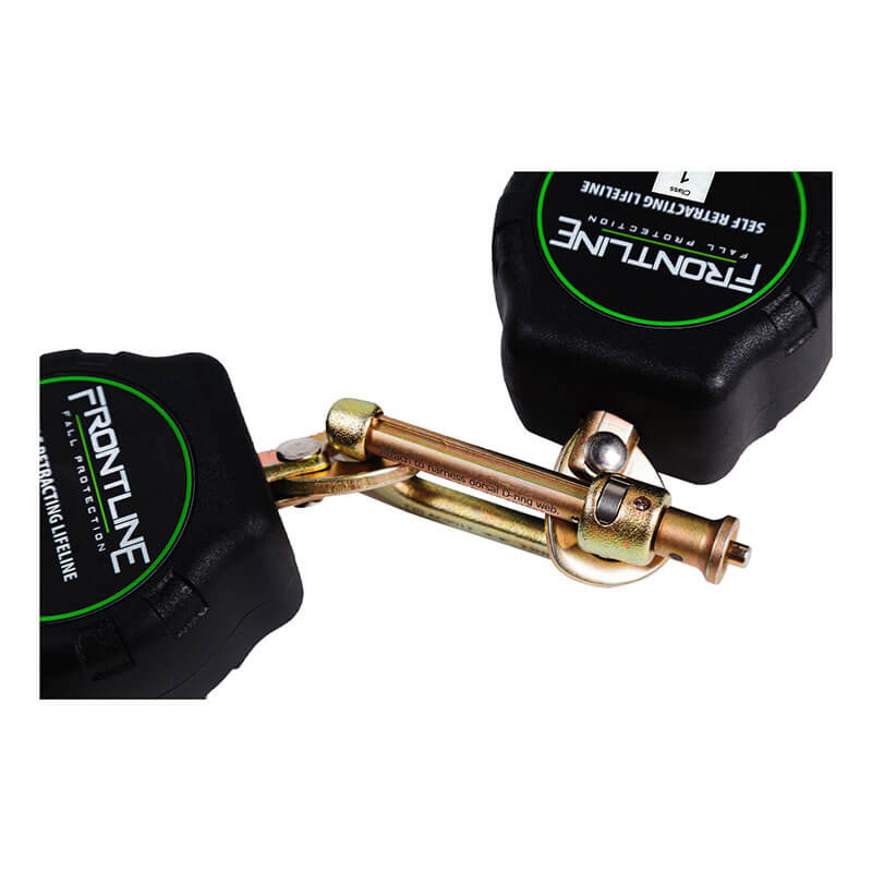 Two Frontline Fall Protection Aramid Fiber Web Twin Leg 6' SRLs, joined by a gold metal carabiner, offer twin leg fall protection for safety harness systems. The "Frontline" brand appears on both black self-retracting lifeline units.