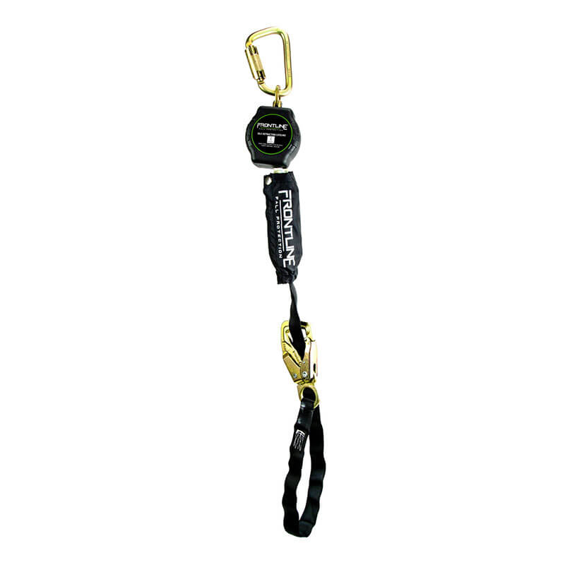 The Frontline Fall Protection Tie Back Single Leg Web 9' SRL features a black and yellow lightweight design with a steel snap hook end, providing reliable fall protection for safety harness systems.