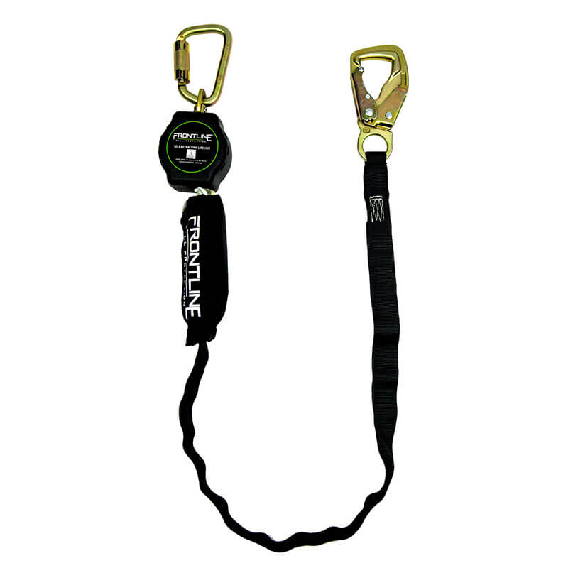 The Frontline Tie Back Single Leg Web 9' SRL by Frontline Fall Protection features a steel snap hook end and is a lightweight fall protection device designed for construction or industrial job sites.