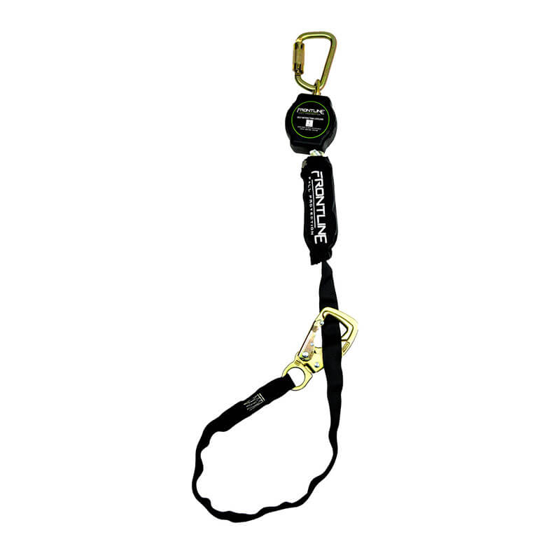 The Frontline Tie Back Single Leg Web 9' SRL by Frontline Fall Protection is a black and gold lightweight fall protection device featuring retractable webbing and steel snap hook ends for use with safety harness systems.
