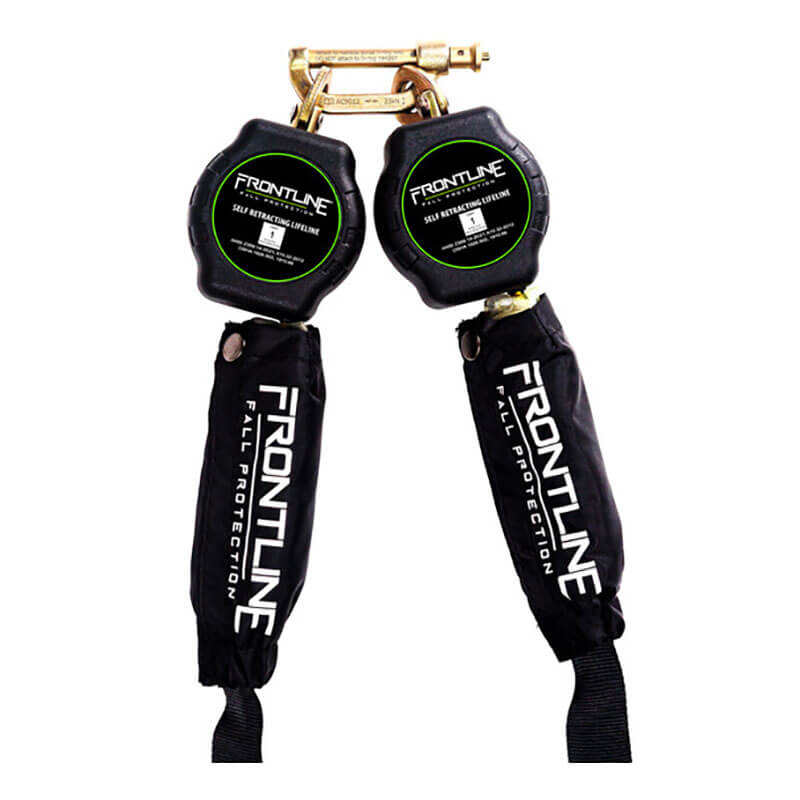 The Frontline Tie Back Twin Leg Web 9' SRL w/Steel Snap Hook End by Frontline Fall Protection is a twin leg fall protection device with two retractable reels, black covers, and a metal connector at the top.