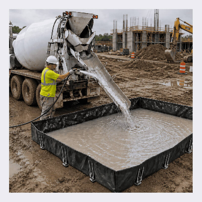 At a muddy construction site, a worker in safety gear uses a hose to fill an UltraTech Concrete Washout Berms - RPE Model by UltraTech, with a cement truck and buildings in the background.