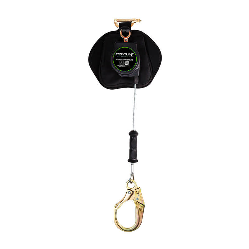 The Frontline Leading Edge Cable Leg 8' SRL by Frontline Fall Protection features a black protective casing, green and black label, silver cable, mid-handle, and a metal rebar hook for reliable fall protection safety.