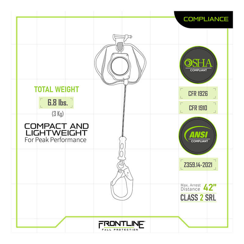 Diagram of the Frontline Leading Edge Cable Leg 8' SRL, a compact, lightweight (6.8 lbs) self-retracting lifeline with rebar hook, OSHA/ANSI compliant, 42-inch max arrest distance. Brand: Frontline Fall Protection.