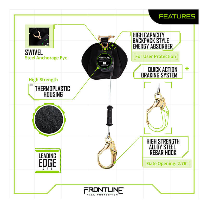 Square product diagram for the Frontline Leading Edge Cable Leg 8' SRL by Frontline Fall Protection, highlighting its swivel anchorage eye, quick action braking system, alloy steel rebar hook, and backpack-style energy absorber—an ideal leading edge SRL.