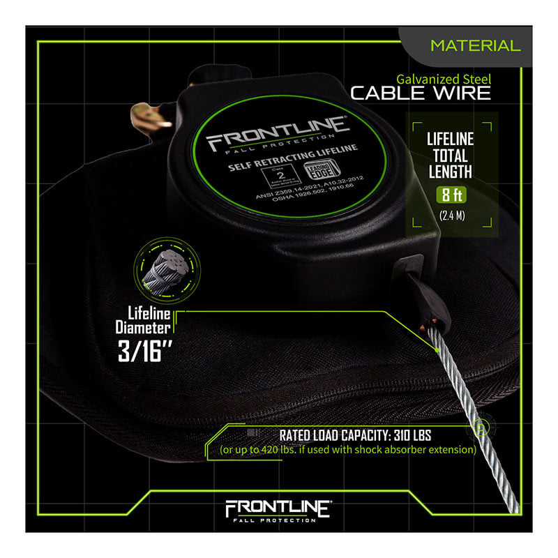 The Frontline Leading Edge Cable Leg 8' SRL by Frontline Fall Protection is shown, featuring a black housing, galvanized steel cable (8 ft, 3/16" diameter), rebar hook, and a load capacity of 310 lbs.