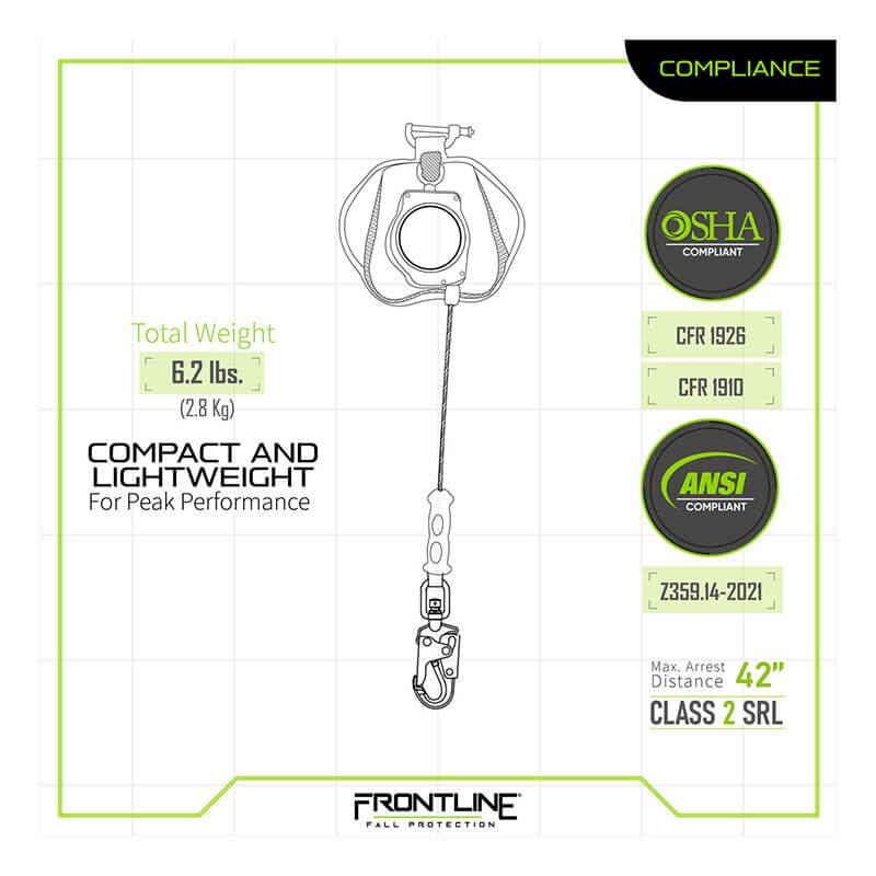 Diagram of the Frontline Leading Edge Cable Leg 8' SRL by Frontline Fall Protection—a compact, 6.2-lb Class 2 leading edge SRL with rebar hook, OSHA/ANSI badges, and max arrest distance of 42 inches.