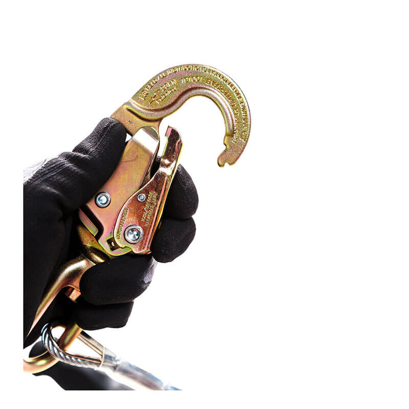 A gloved hand holds the Frontline Leading Edge Cable Leg 8' SRL by Frontline Fall Protection, featuring a gold rebar hook with spring-loaded latch, against a white background.