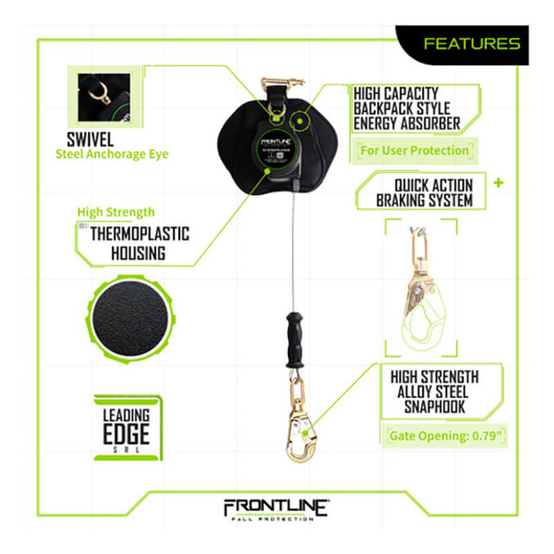 Image of the Frontline Fall Protection Frontline Leading Edge Cable Leg 8' SRL, highlighting its swivel steel anchorage eye, high-capacity backpack-style energy absorber, quick-action brake, rebar hook, and durable thermoplastic housing.