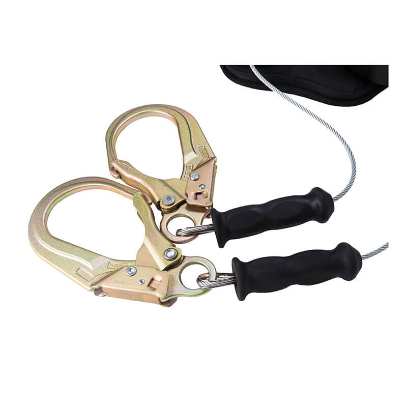 The Frontline Leading Edge Cable Twin Leg 8' SRL by Frontline Fall Protection features two large metal snap hooks with black rubber handles attached to a steel cable, shown against a white background.