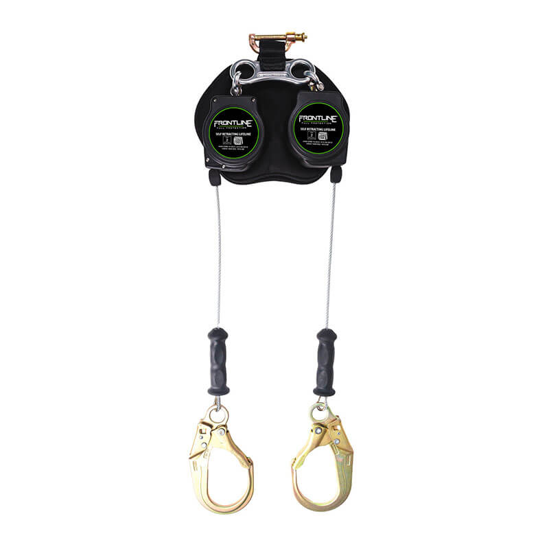 The Frontline Leading Edge Cable Twin Leg 8' SRL by Frontline Fall Protection features two black and green steel cable SRLs with large gold snap hooks; perfect for fall protection in construction or industrial settings.