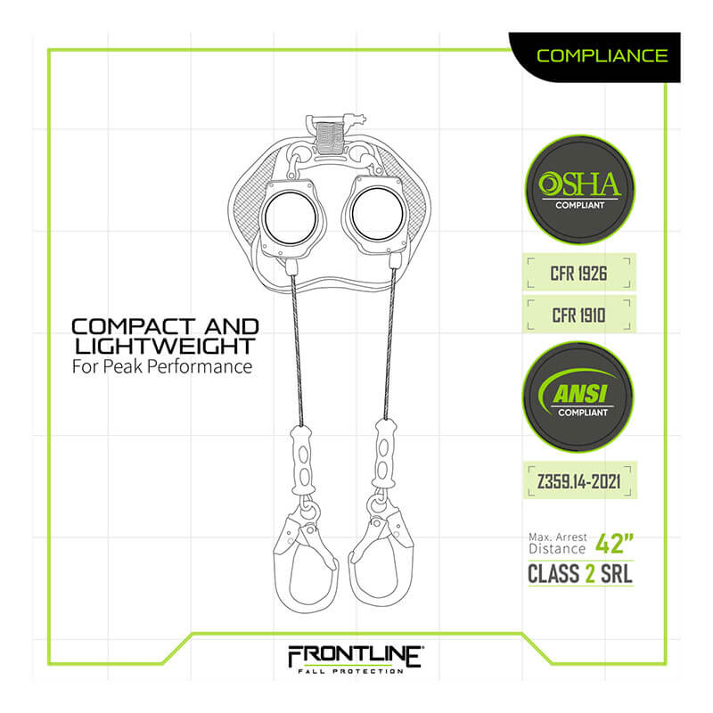 Technical illustration of the Frontline Leading Edge Cable Twin Leg 8' SRL by Frontline Fall Protection, a compact, lightweight twin leg SRL with two hooks, OSHA/ANSI compliant, and a max arrest distance of 42 inches.