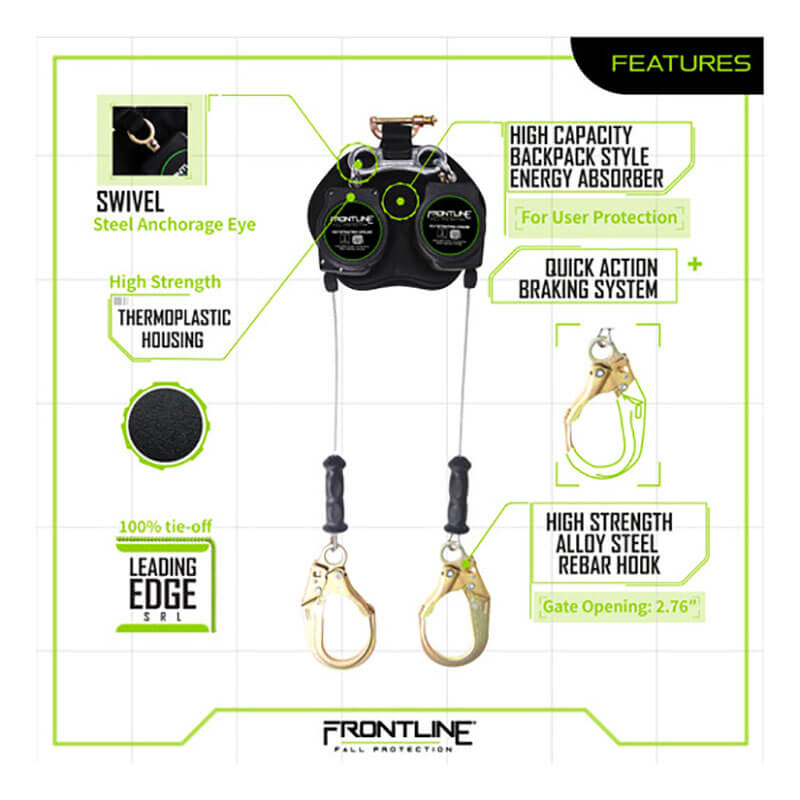 Image of the Frontline Leading Edge Cable Twin Leg 8' SRL by Frontline Fall Protection with labeled features: steel swivel eye, thermoplastic housing, 100% tie-off, quick action braking, backpack energy absorber, and alloy steel rebar hooks.