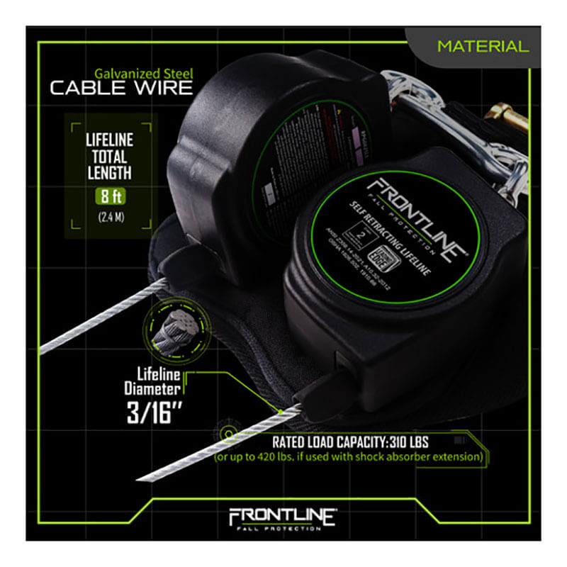 Shown are two Frontline Fall Protection Leading Edge Cable Twin Leg 8' SRLs with galvanized steel cable, 3/16" diameter, and a 310 lb load rating. Ideal for fall protection. Branding reads "Frontline Fall Protection.