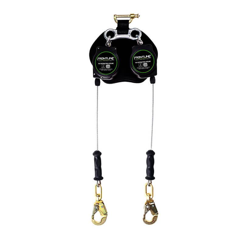The Frontline Leading Edge Cable Twin Leg 8' SRL from Frontline Fall Protection features two retractable cables with metal carabiners and black handles, providing reliable fall protection safety for leading edge worksite applications.