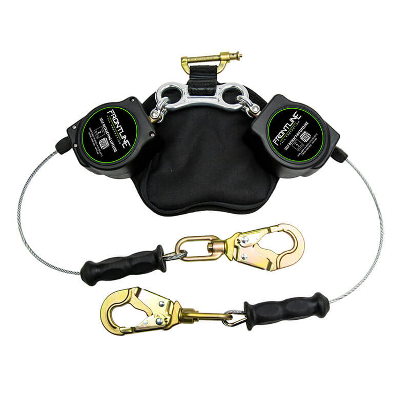 The Frontline Fall Protection Leading Edge Cable Twin Leg 8' SRL features metal cables, carabiner clips, and a black mounting plate for fall protection in harness systems—an ideal safety solution for leading edge applications.