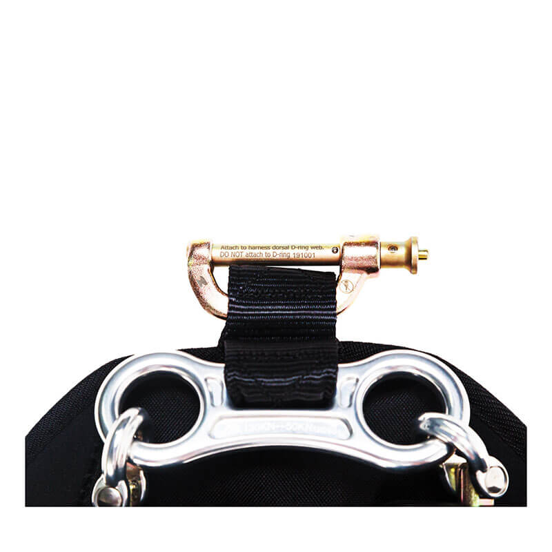 A close-up shows the Frontline Leading Edge Cable Twin Leg 8' SRL by Frontline Fall Protection: a gold locking carabiner attaches to a black strap, which connects to a silver anchor plate with two large holes—crucial for fall protection.