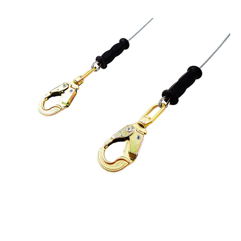The Frontline Leading Edge Cable Twin Leg 8' SRL by Frontline Fall Protection features two gold-colored safety hooks with black handles attached to steel cables, ideal for fall protection, displayed on a white background.