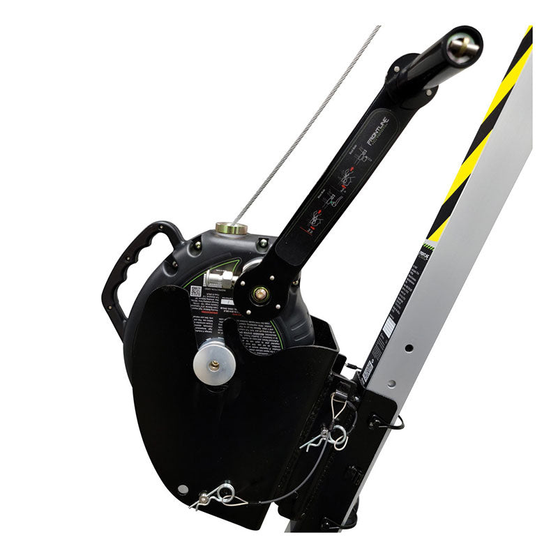 A close-up of the Frontline MEGApod 60' 3-Way SRL with Retrieval System by Frontline Fall Protection, showing its black handle, metal cable, and striped arm—ideal for fall protection in confined space operations.