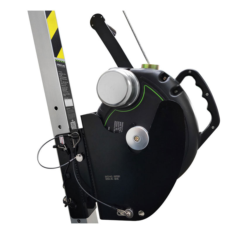 Close-up of the Frontline MEGApod 60' 3-Way SRL with Retrieval System by Frontline Fall Protection, showing its handle, cable, control buttons, and fall protection features for lifting or pulling heavy loads in confined spaces.