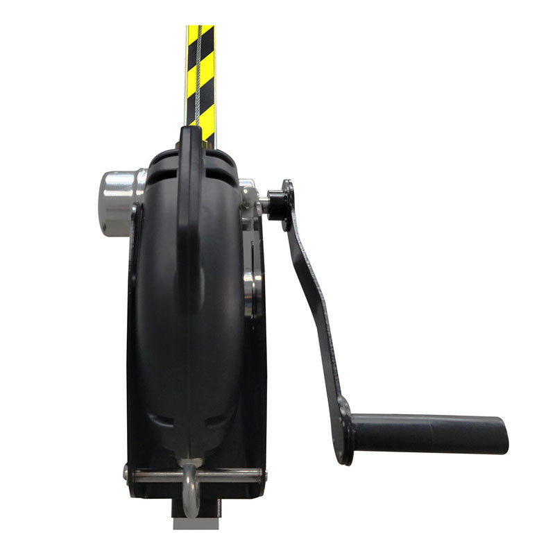 A Frontline MEGApod 60' 3-Way SRL with Retrieval System by Frontline Fall Protection is shown mounted vertically, featuring a crank handle on the right and a yellow/black striped strap. Ideal for confined space fall protection.