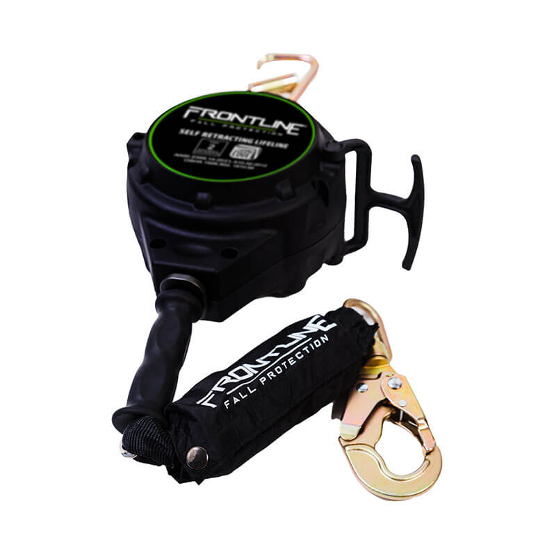 The Frontline Fall Protection Leading Edge SRL Snap Hook with carry handle and tag is a black self-retracting lifeline device with a gold metal hook, designed for fall protection in safety harness systems.