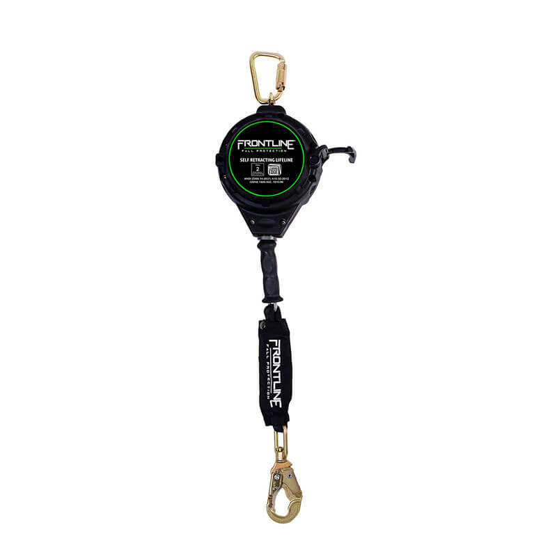 The Frontline Leading Edge SRL Snap Hook by Frontline Fall Protection features a black circular housing, gold metal hooks at both ends, a carry handle, and tag—offering reliable fall protection safety gear.