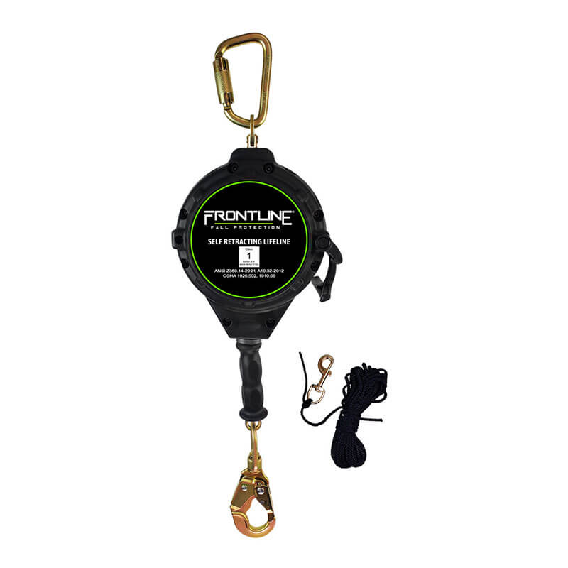 The image shows a Frontline RPGC Steel Snap Hook SRL with a carry-on handle and tagline by Frontline Fall Protection, along with a coiled black rope and an extra metal clip for fall protection.