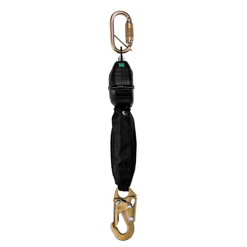 The Frontline Web Single Leg 6' SRL with Steel Hook End by Frontline Fall Protection features lightweight black webbing, a gold carabiner at the top, and a large gold snap hook for dependable fall protection on industrial or construction sites.