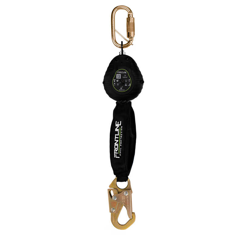 The Frontline Fall Protection Web Single Leg 6' SRL features lightweight black webbing, a gold top carabiner, and a large steel hook end. The device is labeled "FRONTLINE.
