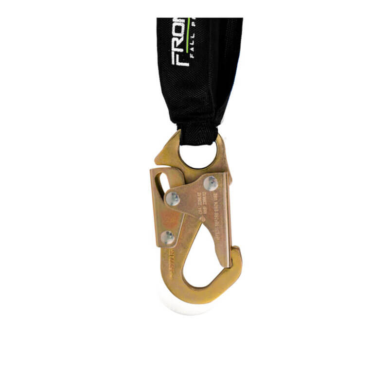 A close-up of the steel hook end on the Frontline Web Single Leg 6' SRL, attached to webbing with "PRO" visible—highlighting essential fall protection gear by Frontline Fall Protection.