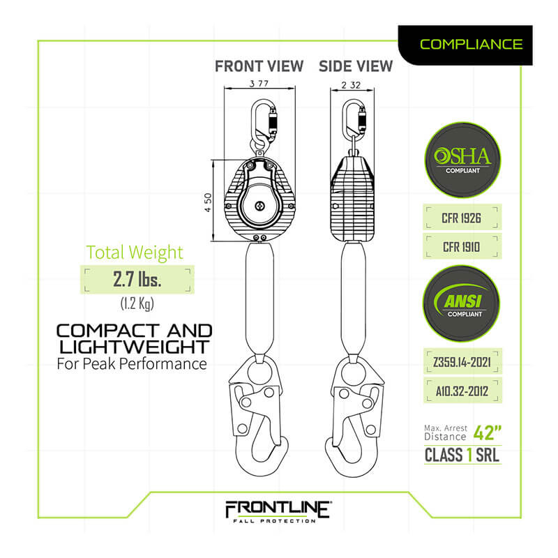 Technical illustration of the compact Frontline Web Single Leg 6' SRL with Steel Hook End, showing front and side views; weighs 2.7 lbs (1.2 kg), features lightweight webbing, meets OSHA/ANSI, 42" max arrest distance. Labeled “COMPLIANCE” and “Frontline Fall Protection.”.