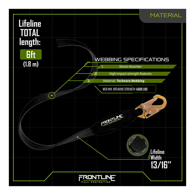 The Frontline Web Single Leg 6' SRL with Steel Hook End by Frontline Fall Protection features lightweight Technora webbing rated to 4500 lbs, a built-in shock absorber, and high-impact strength for reliable fall protection.