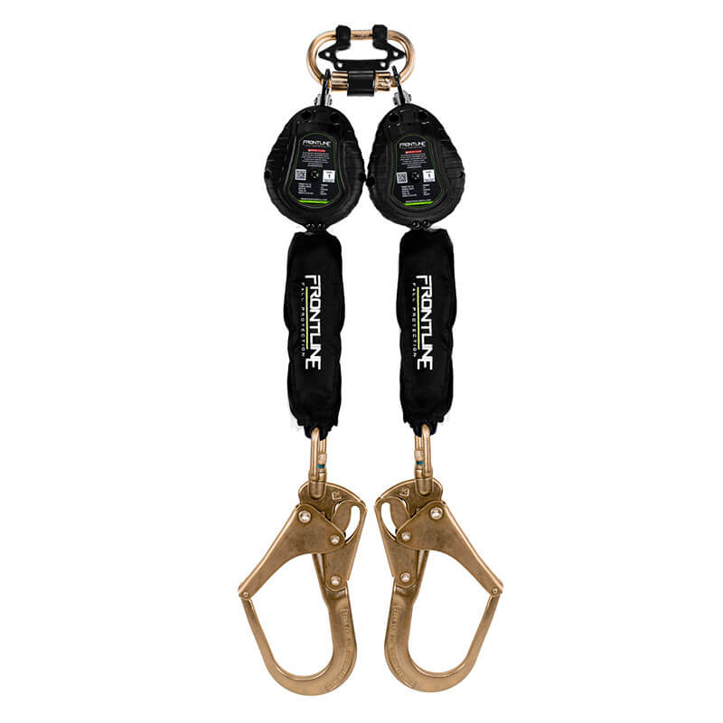 The Frontline Web Twin Leg 6' SRL by Frontline Fall Protection features lightweight black webbing, two large steel rebar hooks, and dual black retractable casings labeled "Frontline," all connected by a sturdy metal ring.