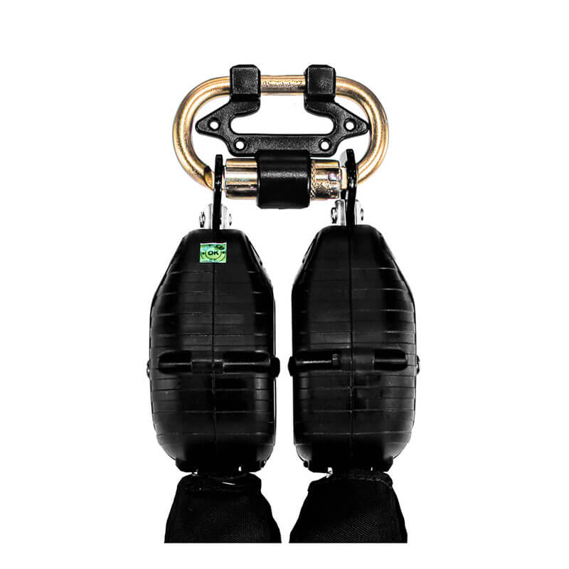 Close-up of two Frontline Fall Protection Web Twin Leg 6' SRLs with steel rebar hook ends and lightweight webbing, attached to a gold and black metal carabiner, shown against a white background.