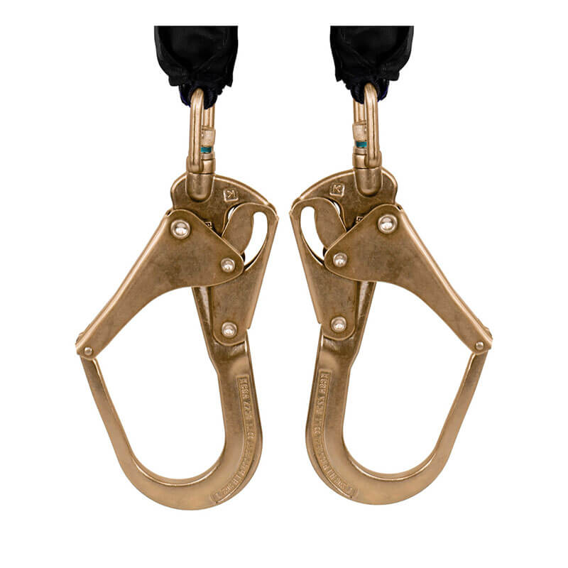 The Frontline Web Twin Leg 6' SRL with Steel Rebar Hook Ends by Frontline Fall Protection features dual heavy-duty hooks with locking mechanisms on black webbing loops, shown side by side—perfect for fall protection and system compatibility.