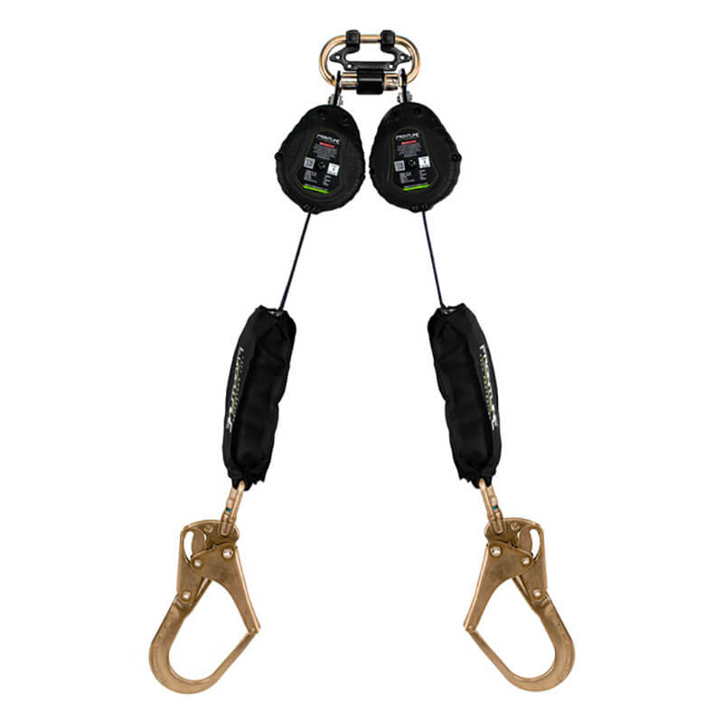 The Frontline Web Twin Leg 6' SRL with Steel Rebar Hook Ends by Frontline Fall Protection is a dual-leg self-retracting lifeline that offers reliable fall protection for safety harnesses in industrial or construction environments.
