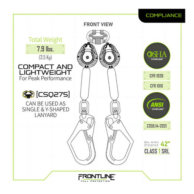 The Frontline Web Twin Leg 6' SRL with Steel Rebar Hook Ends by Frontline Fall Protection features a compact design for fall protection, OSHA/ANSI compliance, 7.9 lbs weight, Y or single use, and a 42" arrest distance.