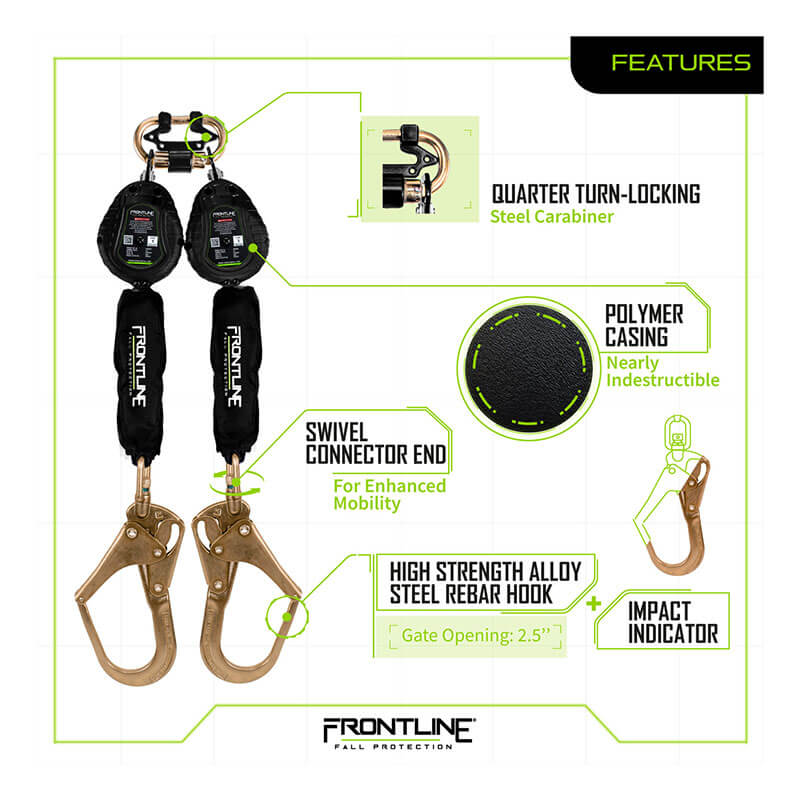 Image of the Frontline Fall Protection Web Twin Leg 6' SRL with Steel Rebar Hook Ends, showing labeled features: quarter turn-locking steel carabiner, lightweight webbing, polymer casing, swivel connector end, rebar hook, and impact indicator.