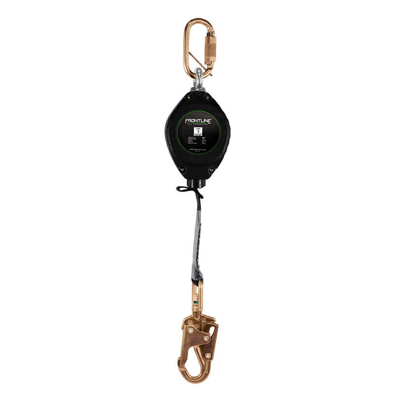 The Frontline Web Single Leg SRL with Steel Snap Hook End from Frontline Fall Protection features a black and gold circular housing, metal carabiner top, and large snap hook bottom for reliable fall protection in safety harness systems.