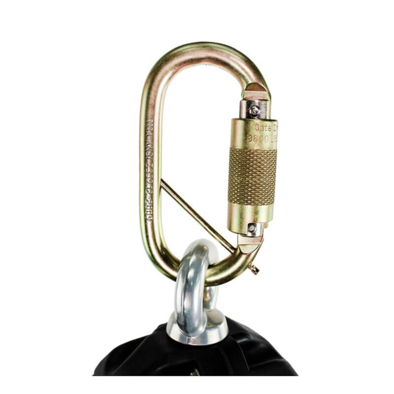 A close-up of the Frontline Fall Protection Web Single Leg SRL with Steel Snap Hook End clipped to a metal loop on top of a black object—possibly a punching bag—against a white background.