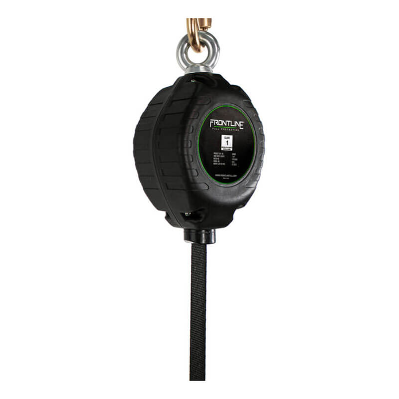 The Frontline Web Single Leg SRL with Steel Snap Hook End by Frontline Fall Protection hangs vertically from a metal hook, with its black web lifeline strap extending downward to offer essential fall protection.