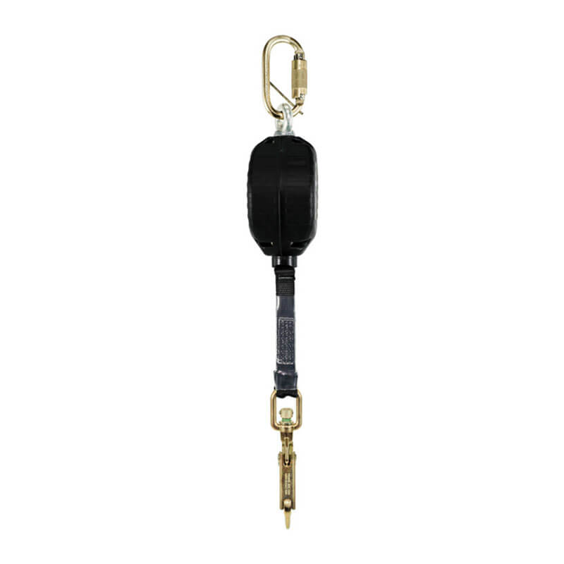 The Frontline Fall Protection Web Single Leg SRL with Steel Snap Hook End is a black and gold personal fall protection device for construction or industrial use, featuring a web lifeline, carabiner top, and metal snap hook bottom.
