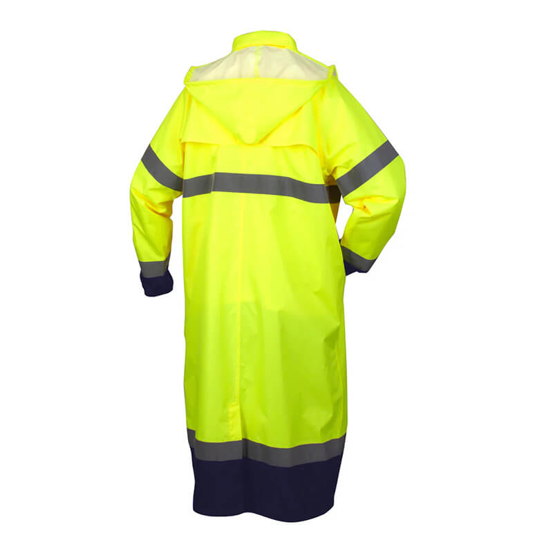 The Pyramex Safety Premium Hi-vis Rainwear Coat RRWC3110 is displayed from the back, showcasing its bright yellow color, reflective stripes around the arms and waist, a hood, and black cuffs.