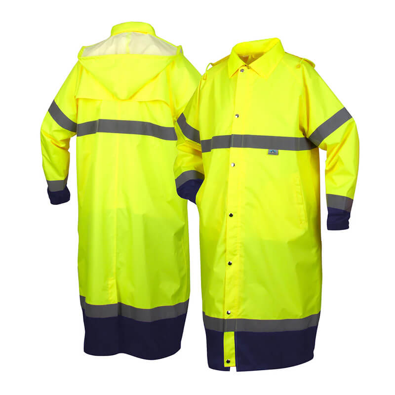 Displayed are two Pyramex Premium Hi-vis Rainwear Coats RRWC3110 from Pyramex Safety. These vibrant yellow raincoats, crafted from waterproof polyester, include reflective gray stripes and black trim at the bottom. One coat is shown from the front and the other from the back, both featuring hoods and button closures, making them an ideal choice for high-visibility rainwear.