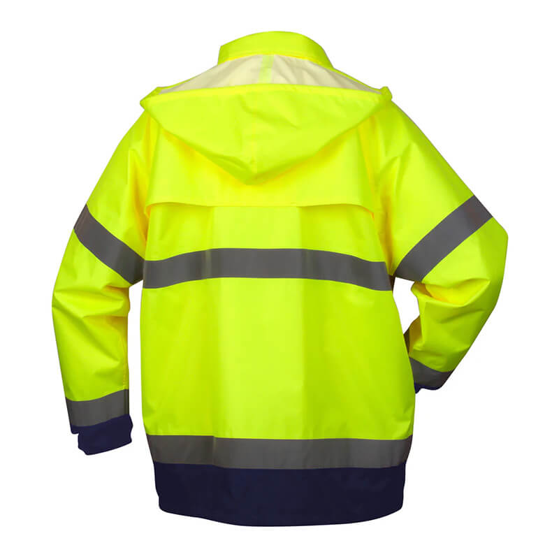 The Pyramex Safety Premium Hi-vis Rainwear Jacket RRWJ3110 is a vibrant yellow rain jacket with reflective silver stripes on the arms and torso. This hooded safety jacket offers both high visibility and waterproof protection. It is designed with black cuffs and a black lower edge, as displayed in the image showing its back.