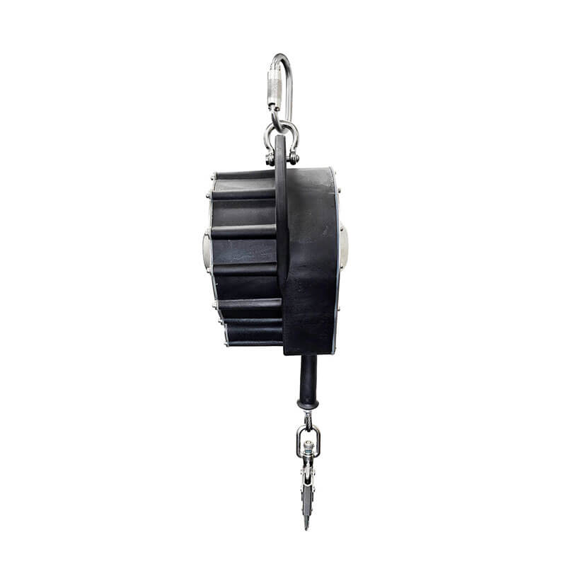 The Frontline RSBC Sealed Block Stainless Steel SRL by Frontline Fall Protection is a black sealed retractable fall arrester with a top metal hook and bottom cable snap hook, designed for safety harnesses in industrial and construction settings.