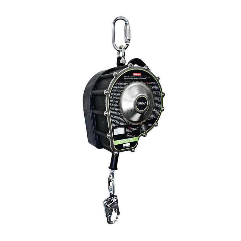 The Frontline RSBC Sealed Block Stainless Steel SRL by Frontline Fall Protection is a black self-retracting lifeline with a metal carabiner and snap hook, designed for fall protection in safety harness systems for the oil and gas industry.